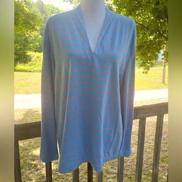 Orvis Wm’s Sz XL Blue Pink Striped V Funnel Neck Tee Shirt Top - Picture 1 of 5